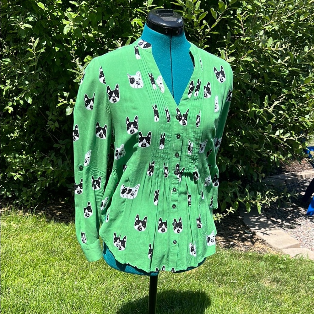 Anthropologie Green Blouse with Dog Pattern